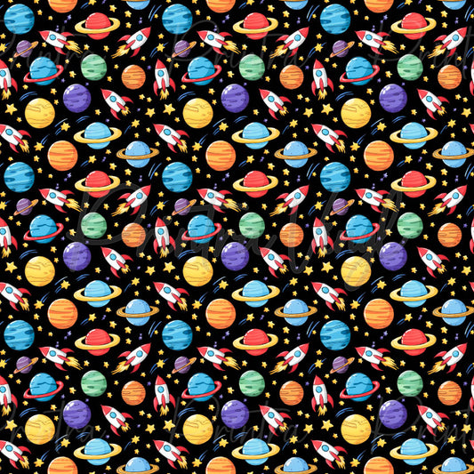 Astroblast patterned vinyl featuring colourful rockets, ringed planets, stars, and celestial elements scattered across a black galaxy background in vibrant blue, orange, yellow, purple, green, and red tones.