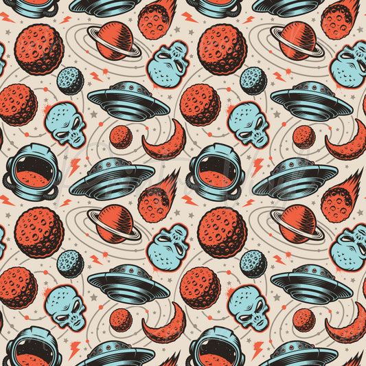 Astroverse patterned vinyl featuring retro sci-fi illustrations of UFOs, alien heads, astronaut helmets, ringed planets, meteors, moons, and cosmic symbols in bold coral orange and aqua blue tones on a light space-inspired background.