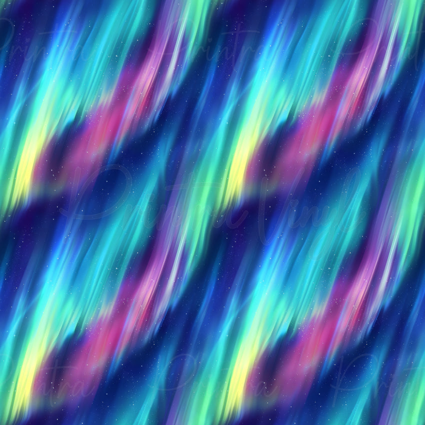 Abstract seamless pattern featuring diagonal streaks of vibrant neon blue, green, pink, and yellow over a dark starry background.