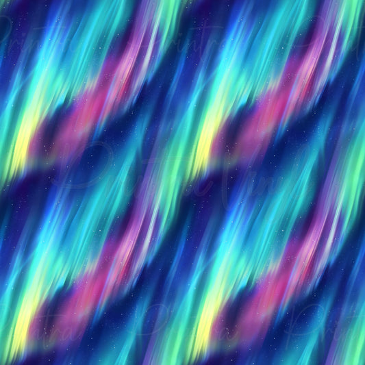 Abstract seamless pattern featuring diagonal streaks of vibrant neon blue, green, pink, and yellow over a dark starry background.
