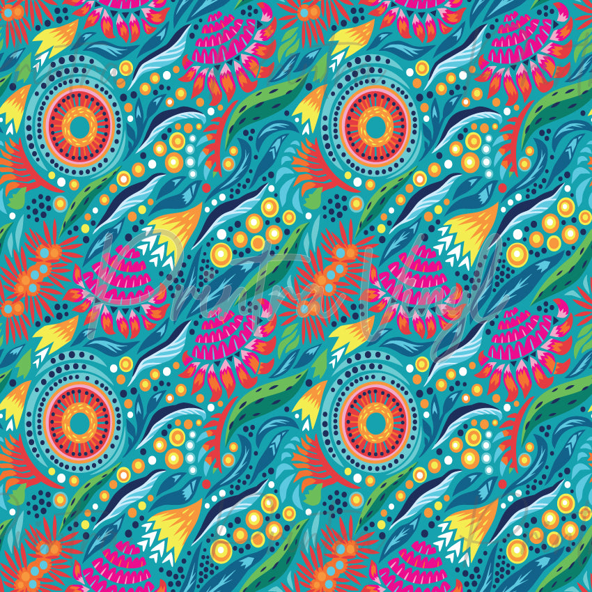 Aussie Bloom #01 patterned vinyl featuring vibrant Australian native flowers, stylised leaves and decorative dot details in teal, turquoise, pink, coral, yellow and orange tones on a bright aqua background.