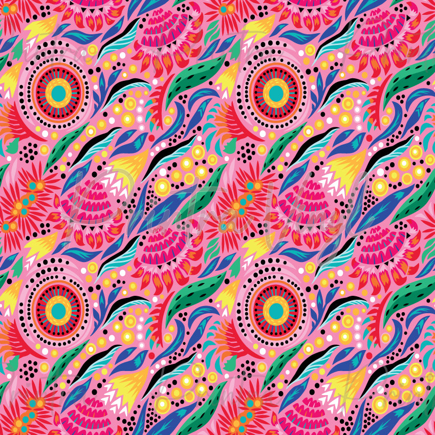 Aussie Bloom #02 patterned vinyl featuring vibrant Australian native flowers, stylised foliage and decorative dot details in bright pink, teal, purple, yellow and coral tones on a soft pink background.