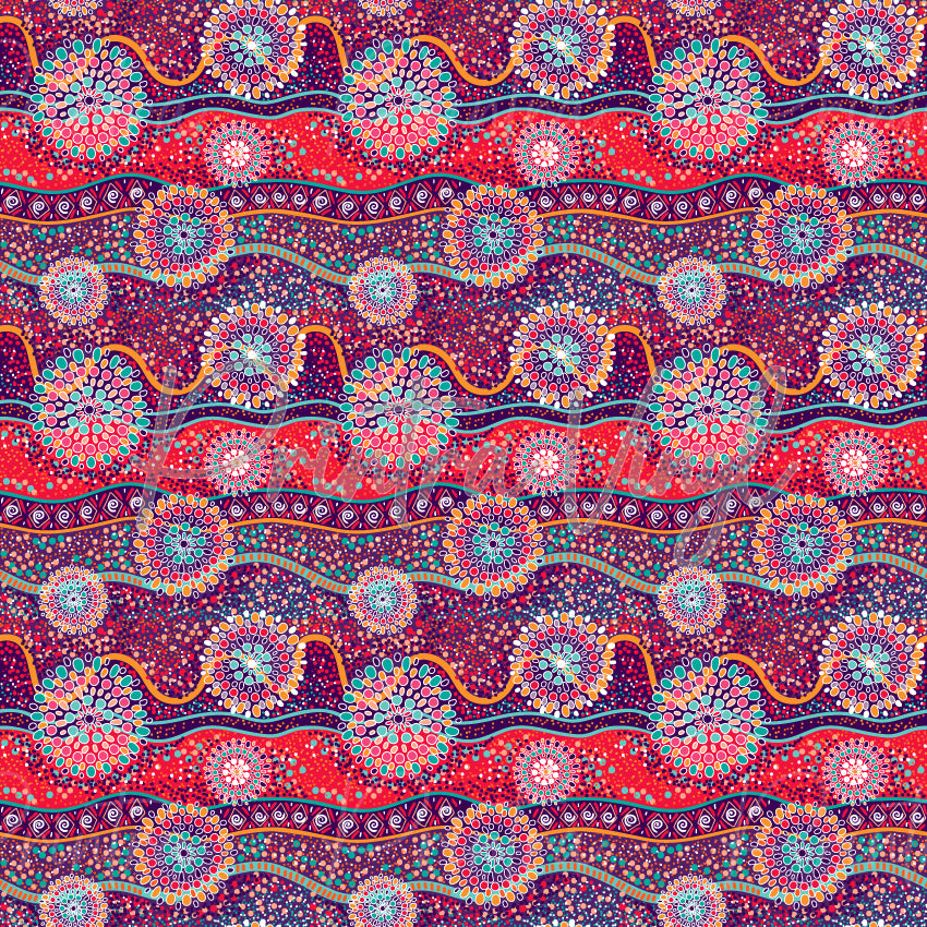 Aussie Bloom #03 patterned vinyl featuring colourful Aboriginal-inspired dot art, flowing wave patterns and circular motifs in vibrant shades of red, pink, purple, turquoise, orange and white.