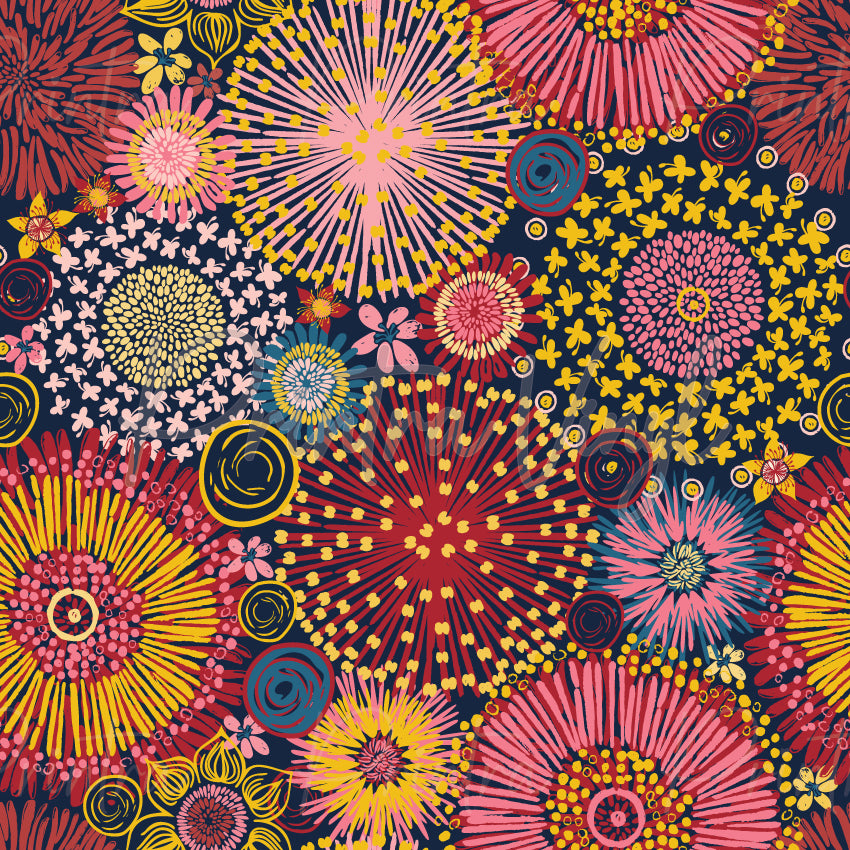Aussie Bloom #05 patterned vinyl featuring vibrant Australian native flowers in shades of pink, red, yellow and coral with intricate botanical details on a deep navy background.