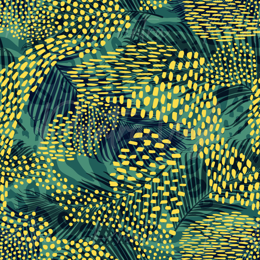 Aussie Bloom #06 patterned vinyl featuring layered eucalyptus leaves and flowing golden wattle-inspired dots in rich teal, sage green and golden yellow tones with an abstract native botanical design.