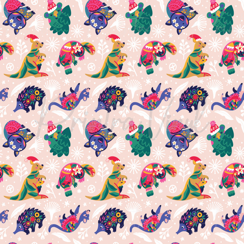Aussie Christmas #02 patterned vinyl featuring colourful Australian wildlife including kangaroos, koalas, echidnas, wombats, cockatoos, and emus adorned with festive Christmas accessories, surrounded by native botanical elements, snowflakes, and holiday-inspired details on a soft blush pink background.