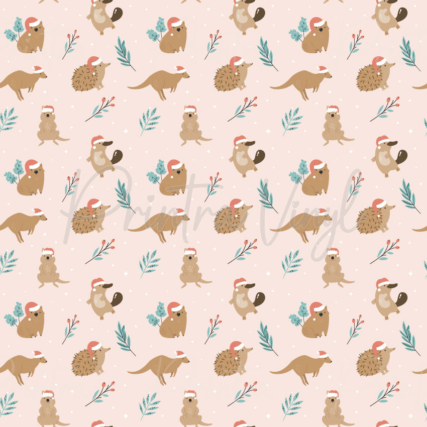 Aussie Christmas #03 patterned vinyl featuring adorable Australian animals including koalas, wombats, echidnas, platypuses, kangaroos, and quokkas wearing festive Santa hats, surrounded by native eucalyptus leaves and botanical accents on a soft blush pink background.