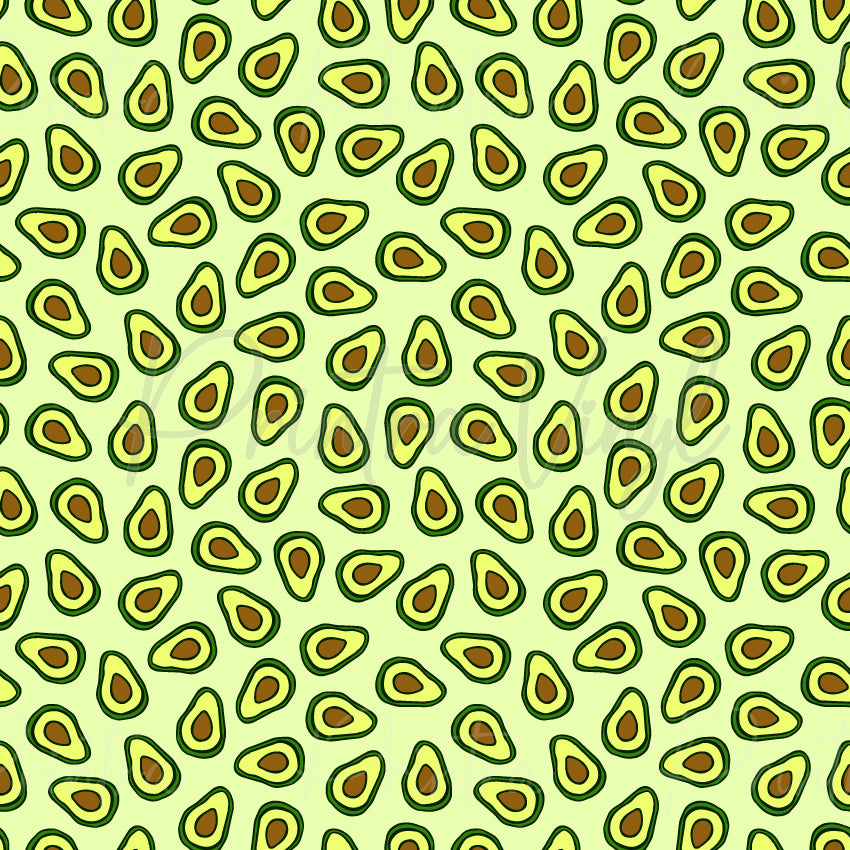 Avo Nice Day #01 patterned vinyl featuring scattered cartoon avocado halves in shades of light green, avocado green and brown, outlined with bold black linework on a soft pastel green background.
