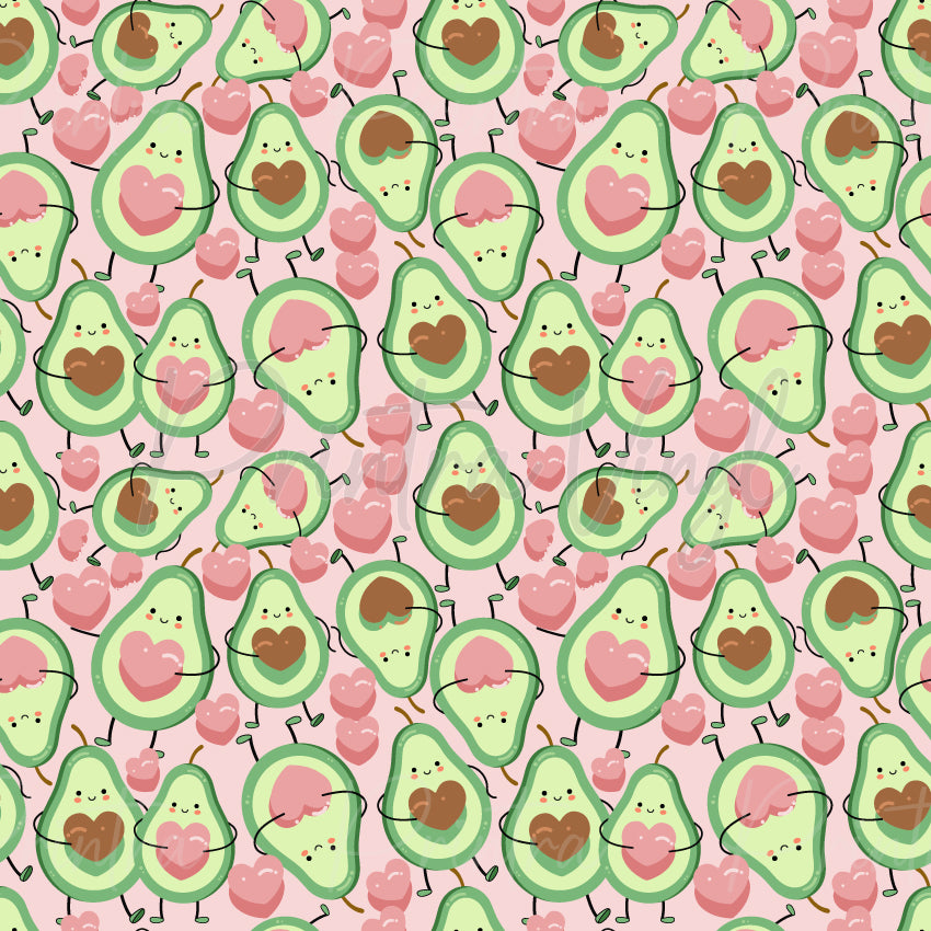 Avo Nice Day #02 patterned vinyl featuring adorable cartoon avocado halves hugging pink hearts, scattered with glossy heart accents on a soft blush pink background in a playful kawaii-inspired design.