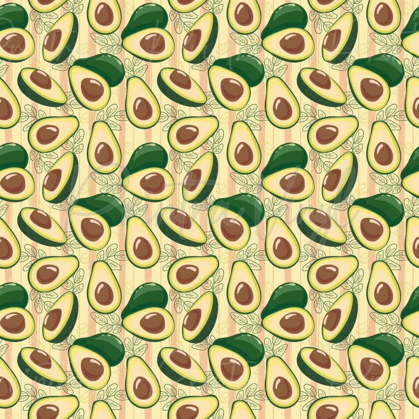 Avo Nice Day #03 patterned vinyl featuring realistic avocado halves in shades of deep green, avocado green and creamy yellow, scattered among delicate botanical leaf illustrations on a soft beige striped background.