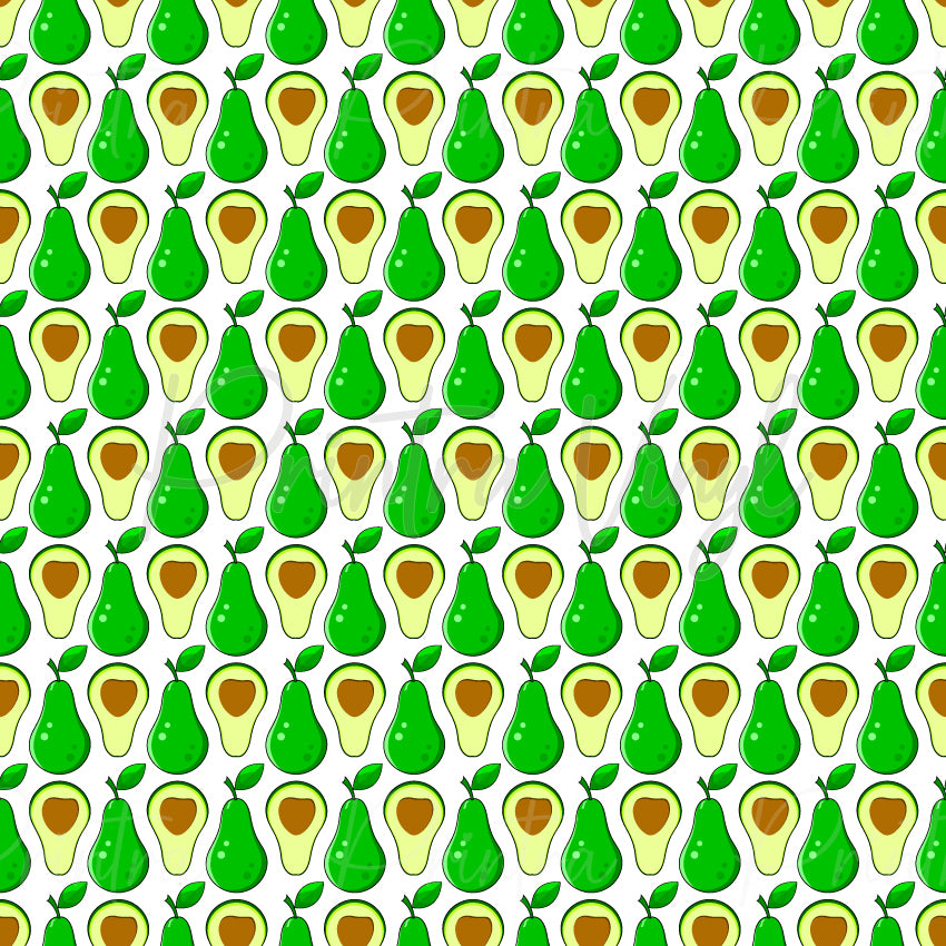 Avo Nice Day #04 patterned vinyl featuring alternating whole avocados and avocado halves in vibrant green, creamy yellow and brown tones, arranged in a playful repeating pattern on a crisp white background with bright green leaf accents.
