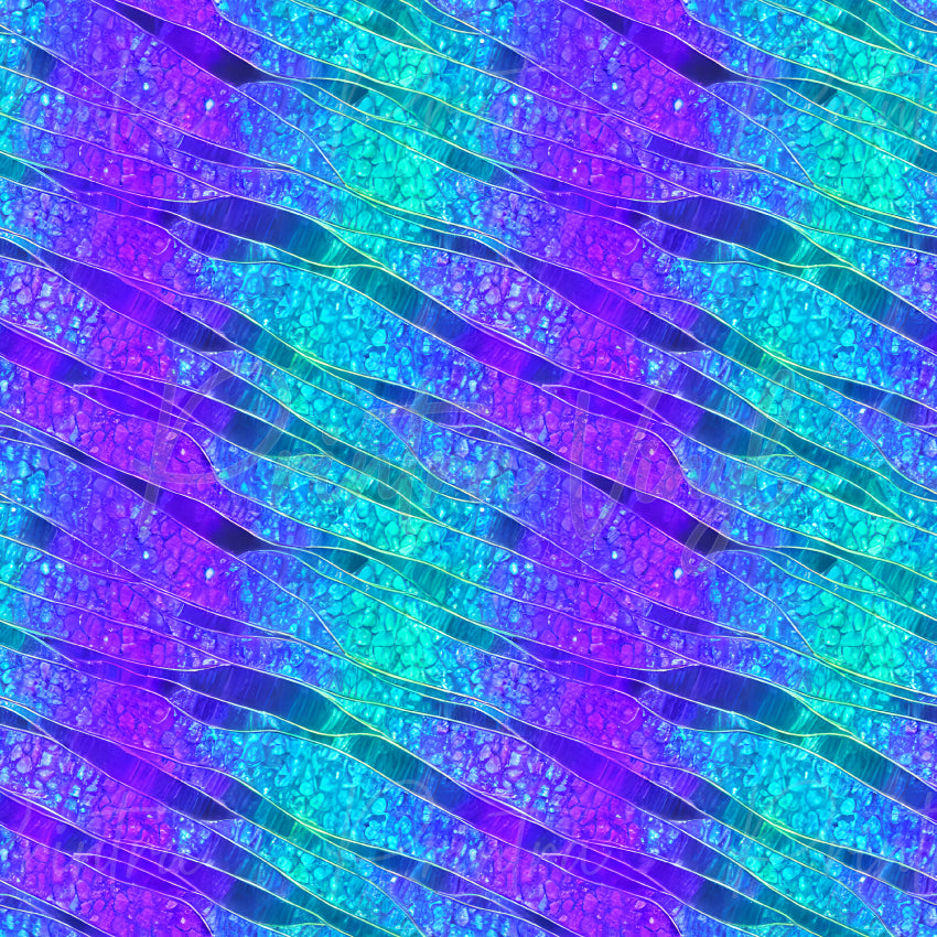Azure Wave Strata patterned vinyl featuring flowing azure, turquoise, and violet wave layers, sparkling geode-inspired textures, and elegant metallic-style linework in a vibrant abstract design.