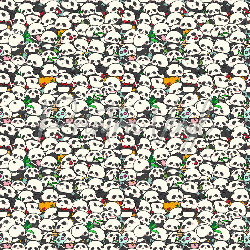 Baby Panda patterned vinyl featuring a playful all-over design of adorable cartoon pandas with bamboo shoots, bows, flowers and cute character details on a white background.