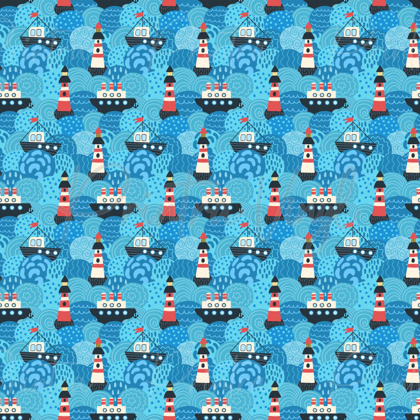 Beacon Waves patterned vinyl featuring nautical lighthouses, fishing boats, steamships, and ocean-inspired swirls in layered shades of blue, accented with red, white, and navy maritime details.