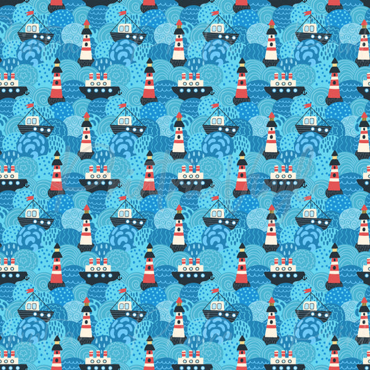 Beacon Waves patterned vinyl featuring nautical lighthouses, fishing boats, steamships, and ocean-inspired swirls in layered shades of blue, accented with red, white, and navy maritime details.