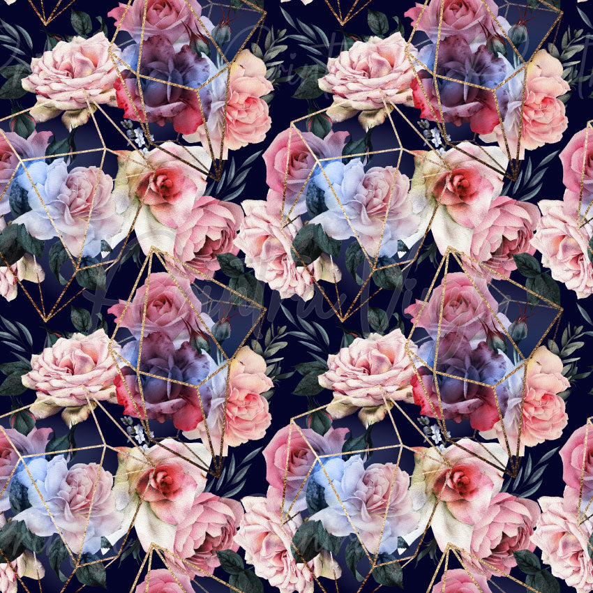 Beautiful Blooms #01 is a floral patterned vinyl with blush, lavender and mauve blooms, gold geometric accents and a deep navy background.