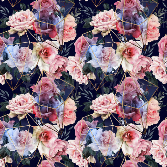 Beautiful Blooms #01 is a floral patterned vinyl with blush, lavender and mauve blooms, gold geometric accents and a deep navy background.