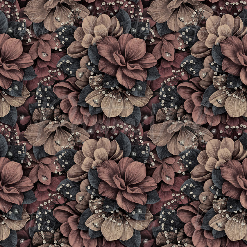 Beautiful Blooms #02 floral patterned vinyl featuring elegant blush, mauve and taupe flowers with dark foliage and delicate baby's breath accents, ideal for decals, tumblers, signs and craft projects.