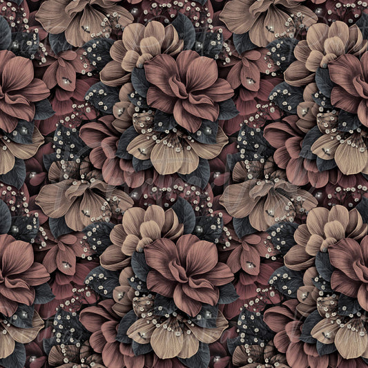 Beautiful Blooms #02 floral patterned vinyl featuring elegant blush, mauve and taupe flowers with dark foliage and delicate baby's breath accents, ideal for decals, tumblers, signs and craft projects.
