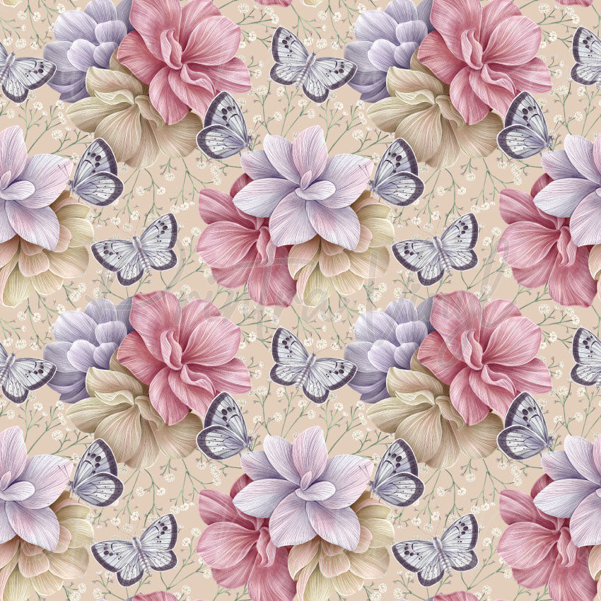 Beautiful Blooms #03 patterned vinyl featuring finely detailed pink, lavender, cream, and pale blue flowers, surrounded by graceful butterflies and delicate white floral sprigs on a warm beige background.