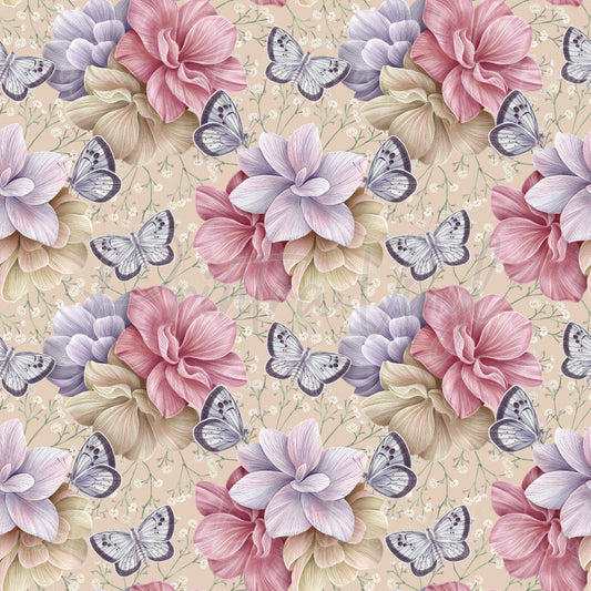 Beautiful Blooms #03 patterned vinyl featuring finely detailed pink, lavender, cream, and pale blue flowers, surrounded by graceful butterflies and delicate white floral sprigs on a warm beige background.
