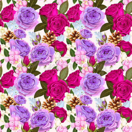 Beautiful Blooms #04 patterned vinyl featuring elegant lavender peonies, vibrant fuchsia roses, delicate berry clusters, pinecones, and lush green foliage arranged in a richly detailed floral design on a soft blush background.
