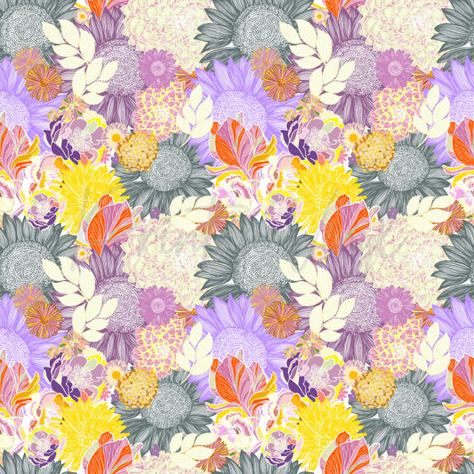 Floral patterned vinyl featuring layered sunflowers, chrysanthemums, dahlias and botanical leaves in lavender, yellow, pink, orange and grey tones, perfect for decals, tumblers, signs and craft projects.