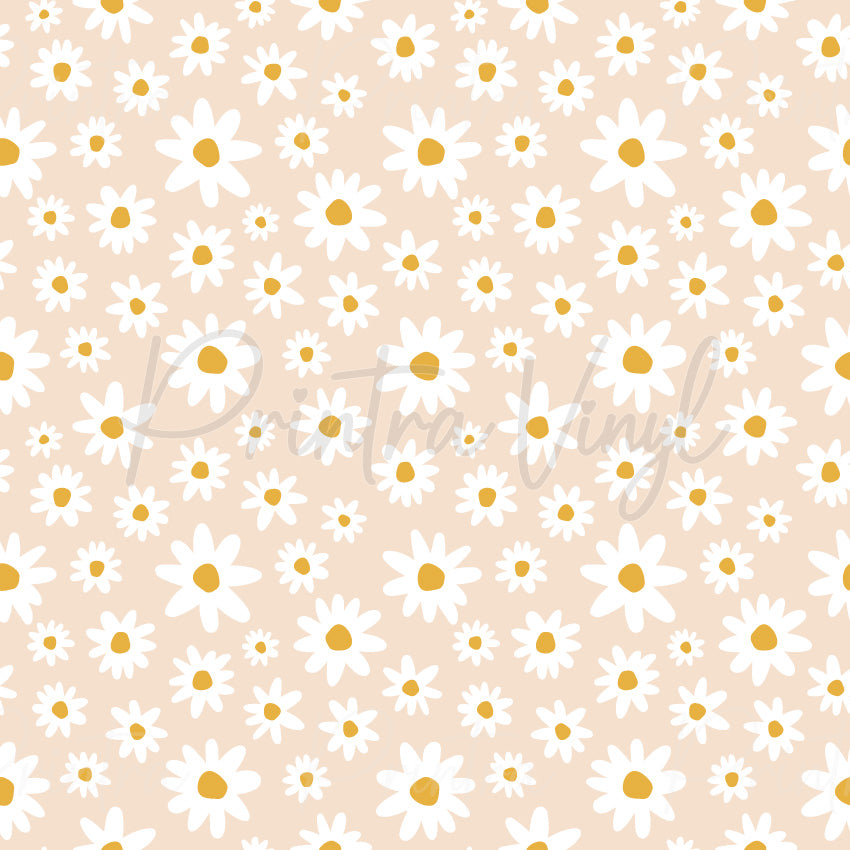 Beige Daisies #01 patterned vinyl featuring scattered white daisy flowers with golden yellow centres on a soft beige background, creating a simple floral design for decals, tumblers and craft projects.