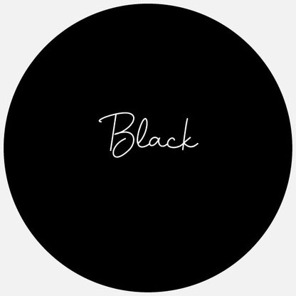 A black round swatch with the name Black in the centre.