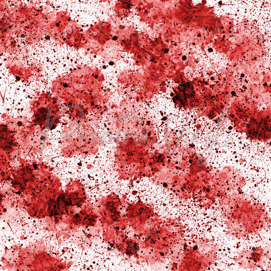 Blood spill patterned vinyl featuring dramatic red paint splatter effects, scattered droplets, ink-like sprays, and layered crimson splashes across a crisp white background, creating a bold horror-inspired design.