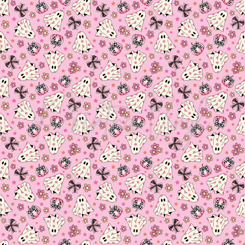 Boo Blossoms patterned vinyl featuring adorable floral-print ghosts, pink and black coquette bows, gingham pumpkins, dainty flowers, and scattered stars on a sweet pink background, creating a charming spooky-cute Halloween design.