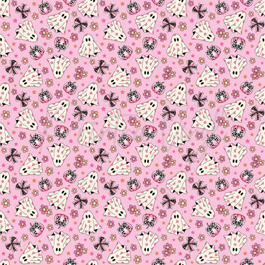 Boo Blossoms patterned vinyl featuring adorable floral-print ghosts, pink and black coquette bows, gingham pumpkins, dainty flowers, and scattered stars on a sweet pink background, creating a charming spooky-cute Halloween design.
