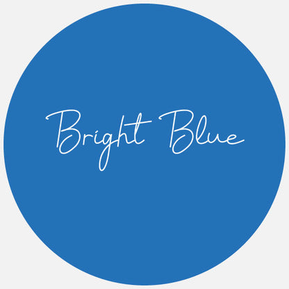 A bright blue circular swatch with the text 'Bright Blue' written in a cursive font.