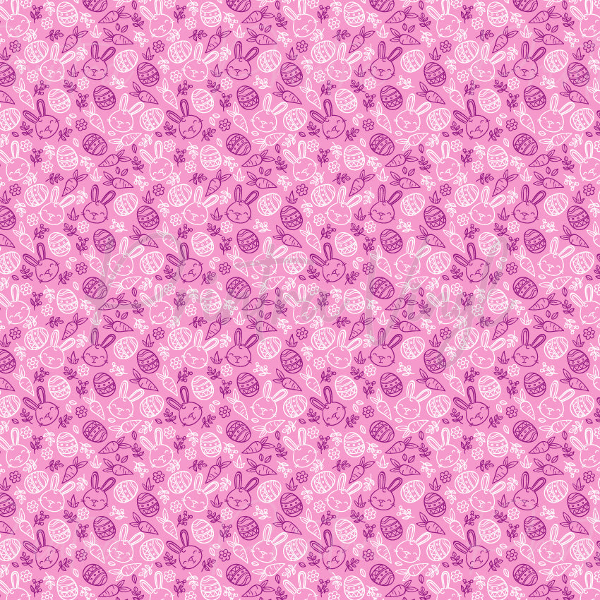 Bunny Besties patterned vinyl featuring adorable bunny illustrations, decorated Easter eggs, carrots, flowers, and leafy accents in white and purple line art on a pink background.