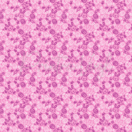Bunny Besties patterned vinyl featuring adorable bunny illustrations, decorated Easter eggs, carrots, flowers, and leafy accents in white and purple line art on a pink background.