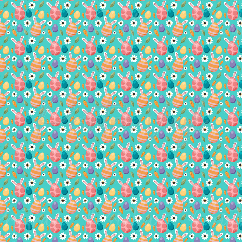 Bunny Eggs patterned vinyl featuring pastel bunny-shaped Easter eggs, colourful decorated eggs, white daisies, carrots, and leafy accents scattered across a bright turquoise background.