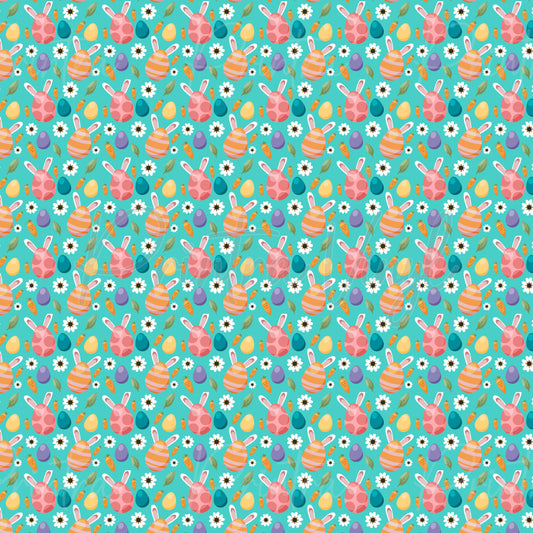 Bunny Eggs patterned vinyl featuring pastel bunny-shaped Easter eggs, colourful decorated eggs, white daisies, carrots, and leafy accents scattered across a bright turquoise background.