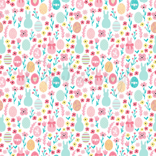 Bunny Meadow patterned vinyl featuring pastel Easter bunnies, decorated eggs, blooming flowers, butterflies, and leafy sprigs scattered across a soft white background in cheerful spring colours.