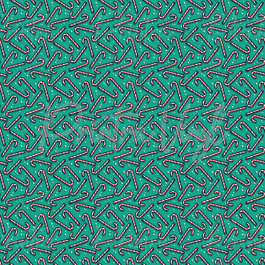 Candy Canes #01 patterned vinyl featuring classic red and white candy canes scattered across a vibrant teal background, accented with tiny white snow-like dots for a fun and festive Christmas design.