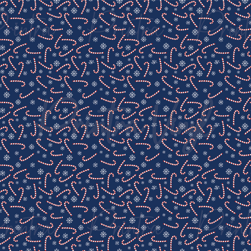 Candy Canes #02 patterned vinyl featuring classic red and white candy canes scattered across a deep navy-blue background, accented with delicate white snowflakes for a timeless Christmas-inspired design.