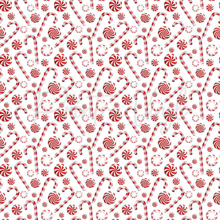 Candy Canes #04 patterned vinyl featuring classic red and white candy canes scattered among peppermint swirl candies and mint sweets on a crisp white background, creating a sweet and festive Christmas confectionery design.