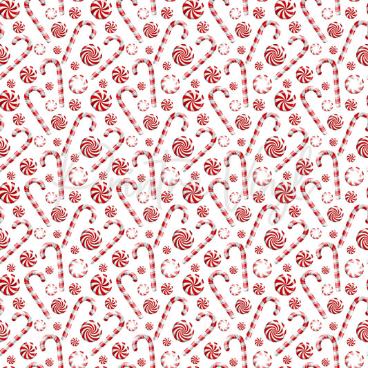 Candy Canes #04 patterned vinyl featuring classic red and white candy canes scattered among peppermint swirl candies and mint sweets on a crisp white background, creating a sweet and festive Christmas confectionery design.