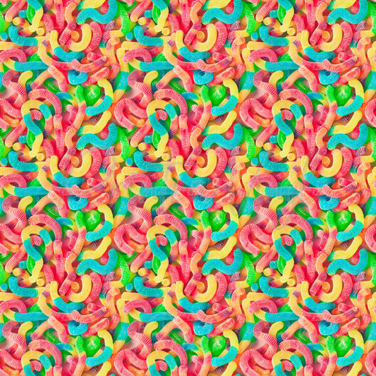 Candy Shop #01 patterned vinyl featuring colourful gummy worms in vibrant pink, blue, yellow, green, and orange tones, layered into a bright candy-filled design with realistic sugary textures and playful confectionery details.