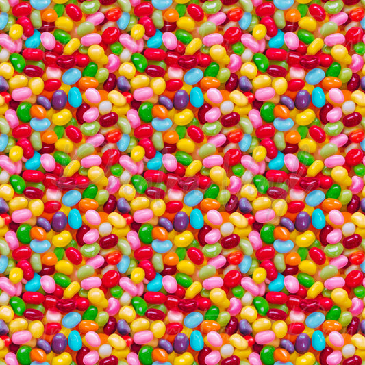Candy Shop #02 patterned vinyl featuring colourful jellybeans in bright red, pink, yellow, green, blue, orange, and purple tones, layered into a vibrant candy-filled design with glossy confectionery textures.