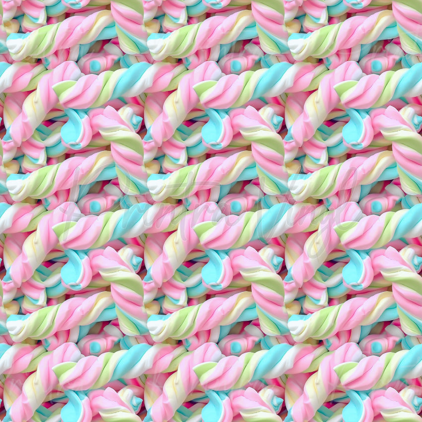 Candy Shop #04 patterned vinyl featuring pastel twist marshmallows in pink, blue, white, and soft green tones, layered into a sweet confectionery-inspired design with soft textures and candy shop charm.