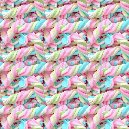 Candy Shop #04 patterned vinyl featuring pastel twist marshmallows in pink, blue, white, and soft green tones, layered into a sweet confectionery-inspired design with soft textures and candy shop charm.