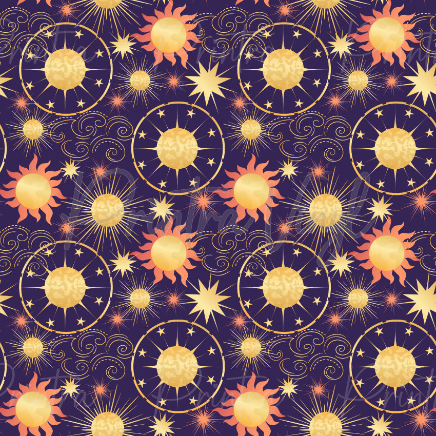 Celestial Sun #01 patterned vinyl featuring radiant golden suns, twinkling stars and celestial compass motifs intertwined with delicate swirling clouds in warm gold, peach and cream tones on a rich deep purple background.