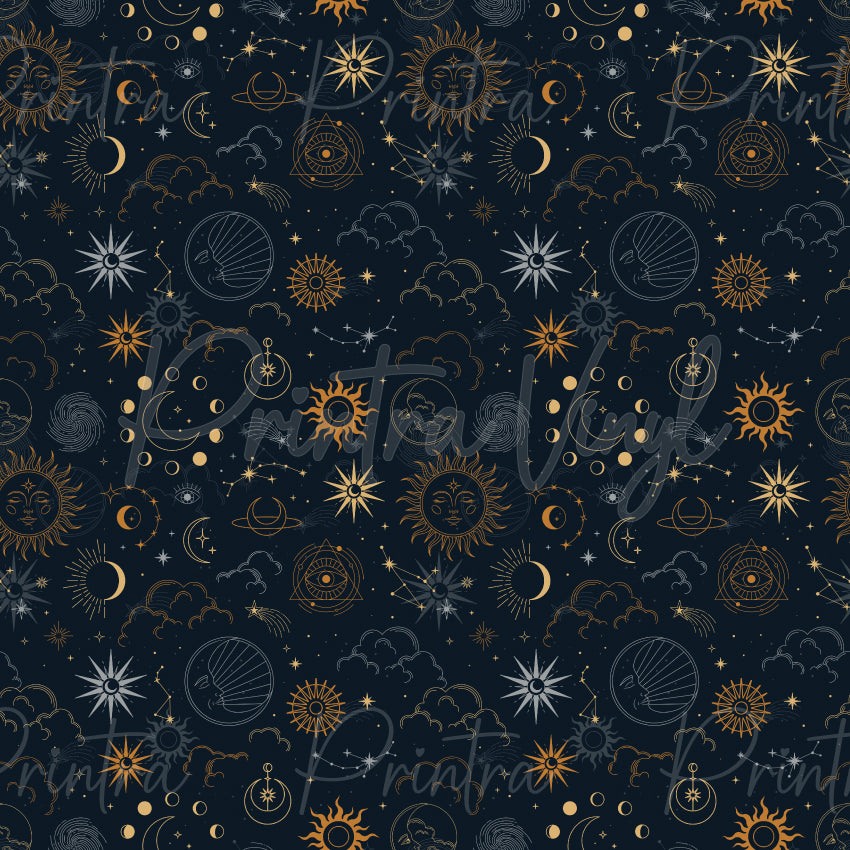 Celestial Sun #02 patterned vinyl featuring intricate celestial illustrations of radiant suns, crescent moons, planets, stars, clouds and mystical eye motifs in antique gold, silver and charcoal tones on a deep navy background with delicate constellation details.