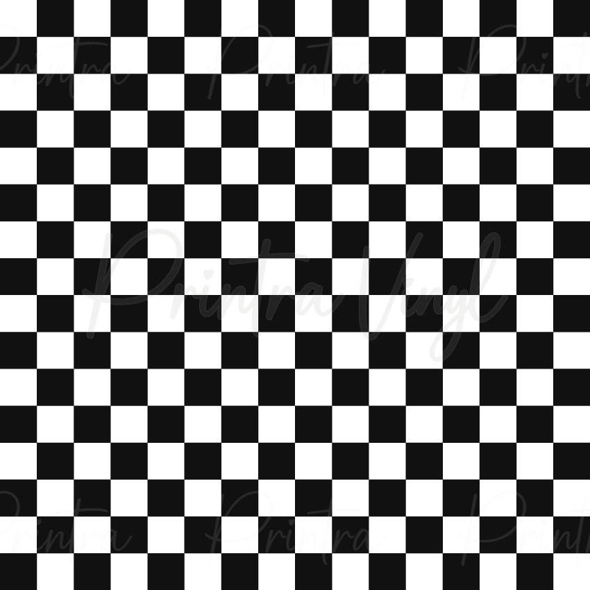 Checkers patterned vinyl featuring a classic black and white checkerboard design with bold alternating squares in a timeless retro-inspired pattern.