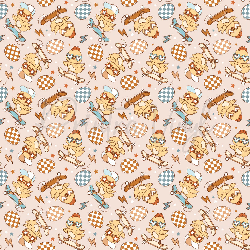 Chick Tricks patterned vinyl featuring playful baby chicks wearing oversized sunglasses while riding skateboards, surrounded by decorated Easter eggs, stars, lightning bolts, and retro-inspired accents on a soft beige background.